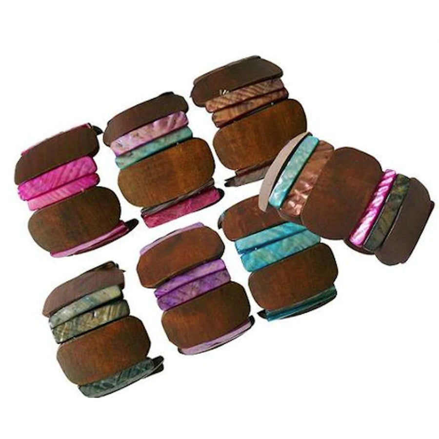 2 Pieces of 2 Inch Wood And Real Shell Stretch Bracelets abalone color womens jewelry JL748 Image 1