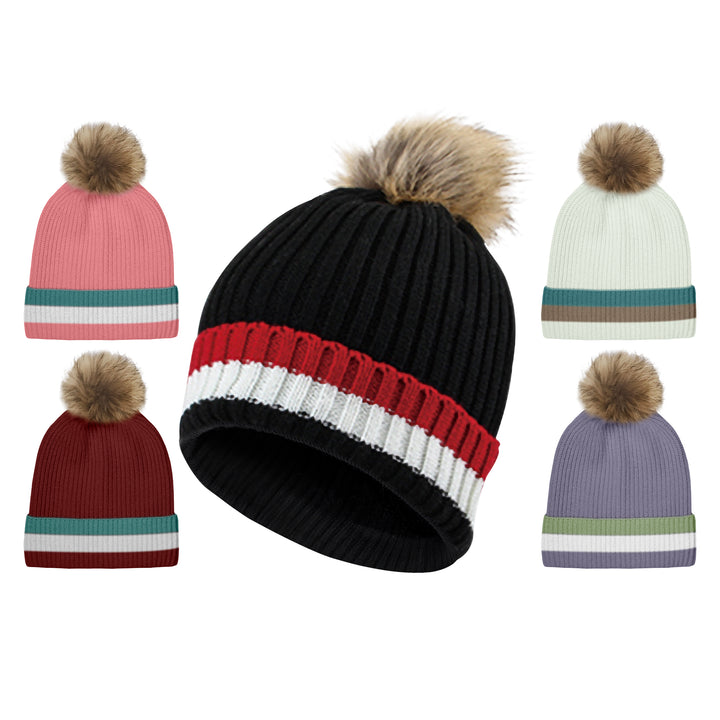 Womens Knit Stripe Pom Pom Beanie Hat Soft Acrylic Warm Faux faux Lined Image 4