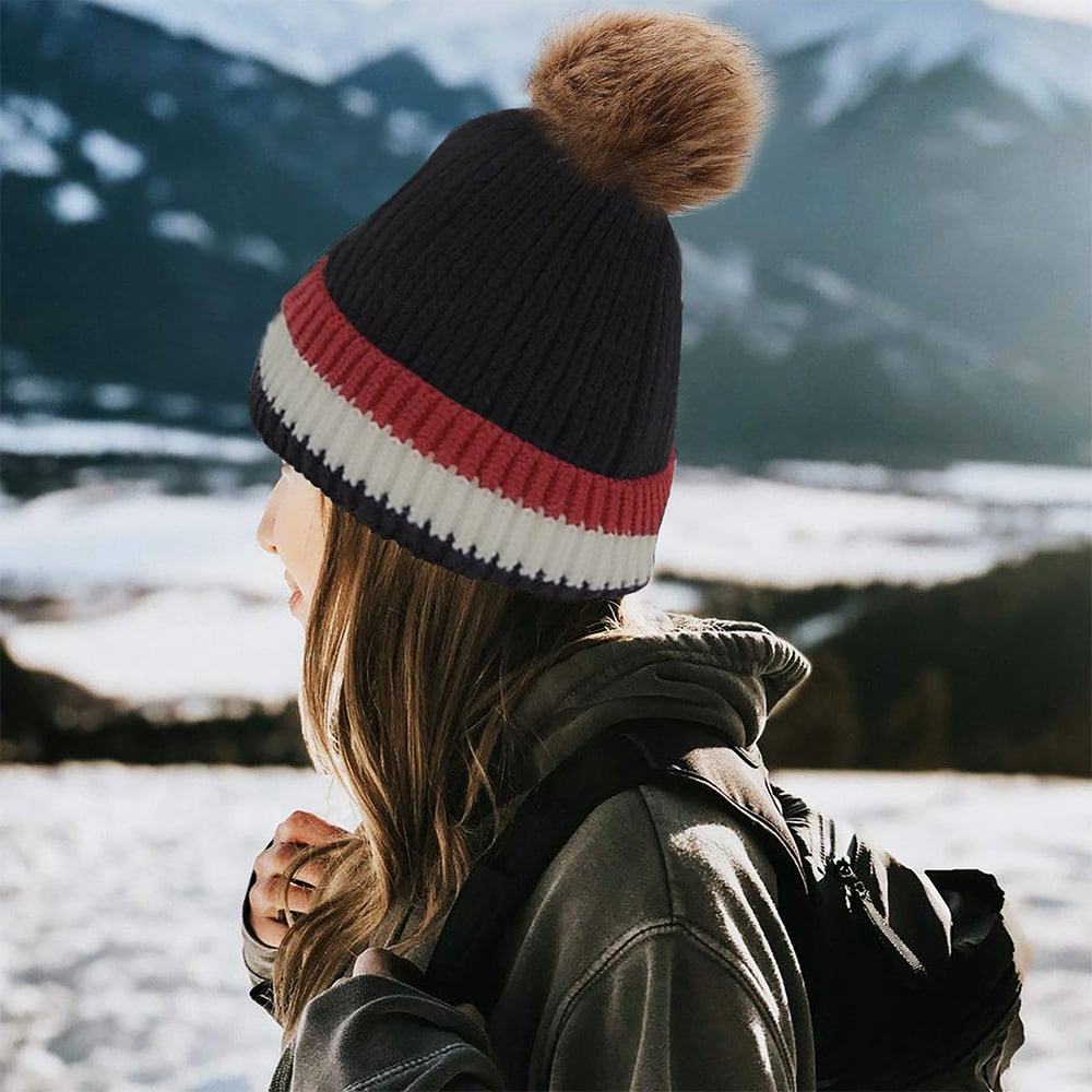 Womens Knit Stripe Pom Pom Beanie Hat Soft Acrylic Warm Faux faux Lined Image 7