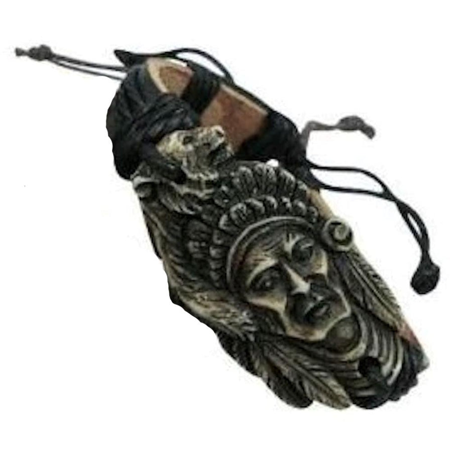 1 pc LEATHER WRAPPED TREE CARVED NATIVE MANS FACE BRACELET JL751 indian Image 1