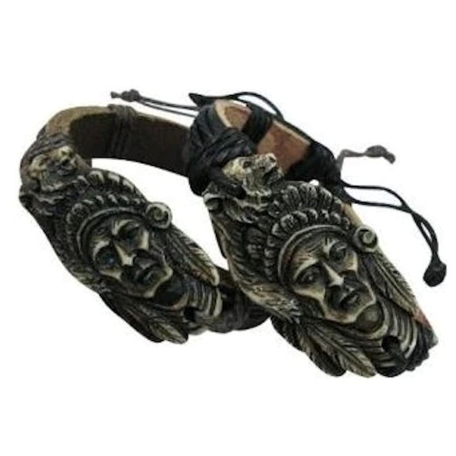 2 pc LEATHER WRAPPED CARVED NATIVE MANS FACE BRACELET JL751 Image 1