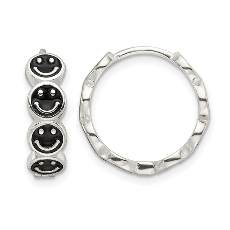 Sterling Silver Black Enamel Smiley Face Hoop Earrings Image 1