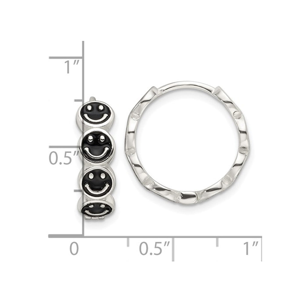 Sterling Silver Black Enamel Smiley Face Hoop Earrings Image 2