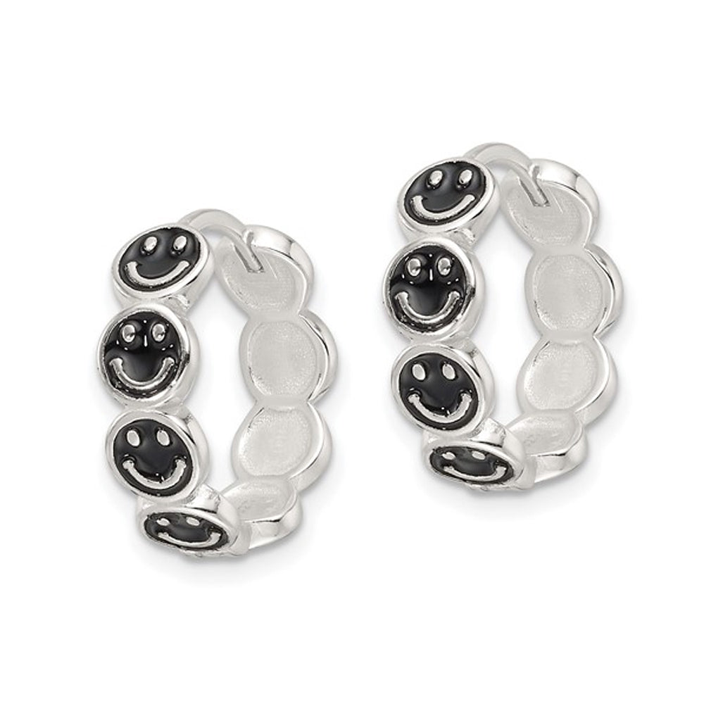 Sterling Silver Black Enamel Smiley Face Hoop Earrings Image 3