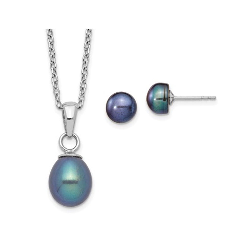 Black Freshwater Button Pearl Pendant with Matching Earrings in Sterling Silver (17 Inch Chain) Image 1