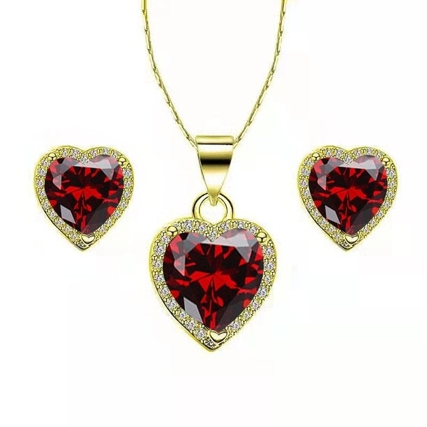 Paris Jewelry 24k Yellow Gold Heart 4 Ct Created Garnet Full Set Necklace 18 inch Plated Image 1