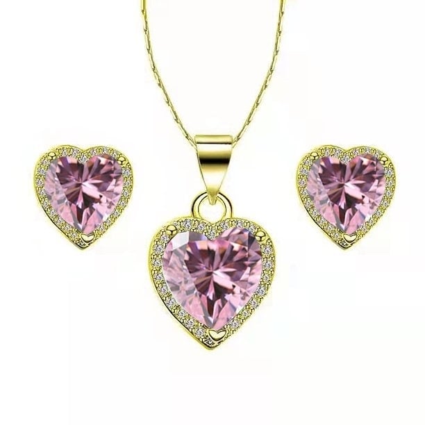 Paris Jewelry 24k Yellow Gold Heart 3Ct Created Pink Sapphire CZ Full Set Necklace 18 inch Plated Image 1