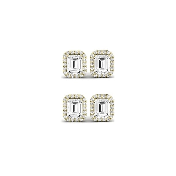 Paris jewelry 18k Yellow Gold 6mm 4Ct Emerald Cut Created White Sapphire CZ Set Of Two Halo Stud Earrings Plated Image 1