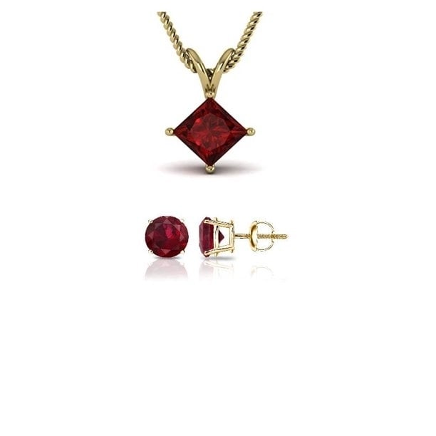 Paris Jewelry 18K Yellow Gold 3ct Created Ruby CZ Princess Cut 18 Inch Necklace and Round Earrings Set Plated Image 1