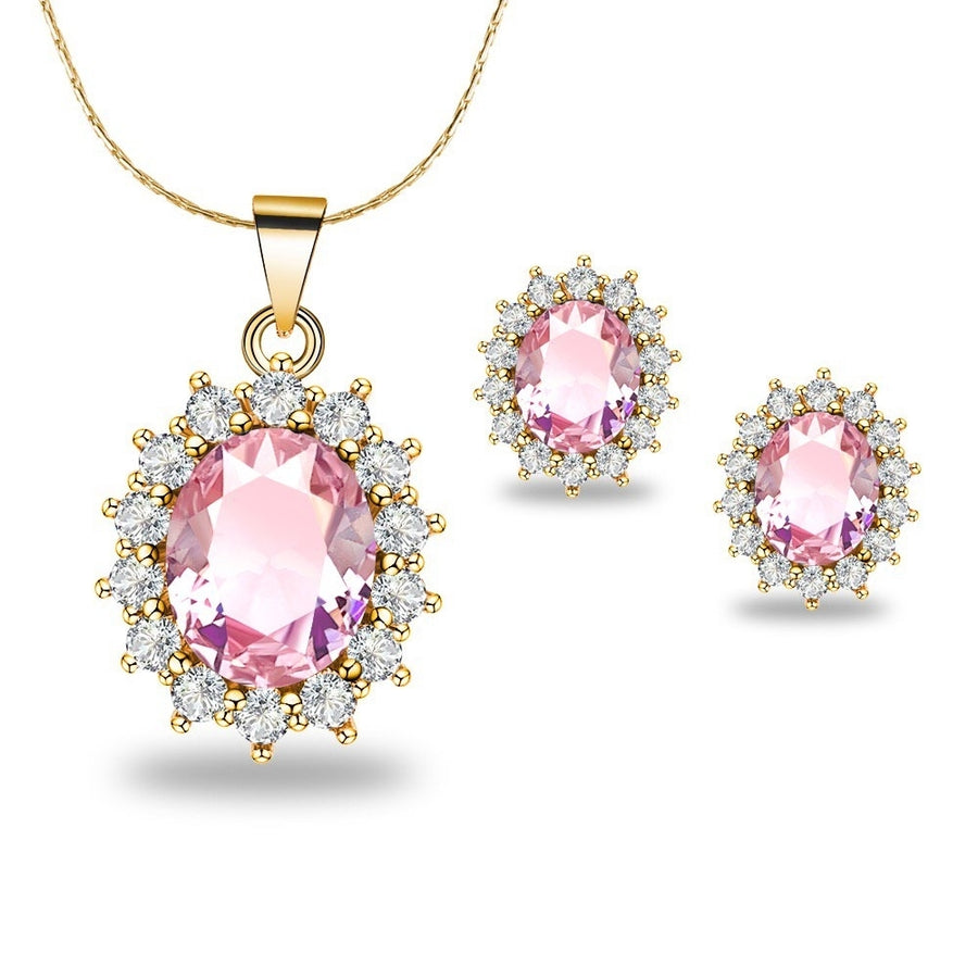 Paris Jewelry 18K Yellow Gold Created Pink Sapphire CZ Round 4 Carat Oval Necklace Plated 18 inch Image 1