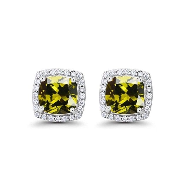 Paris Jewelry 14k White Gold 4 Ct Created Halo Princess Cut Peridot CZ Stud Earrings Plated Image 1