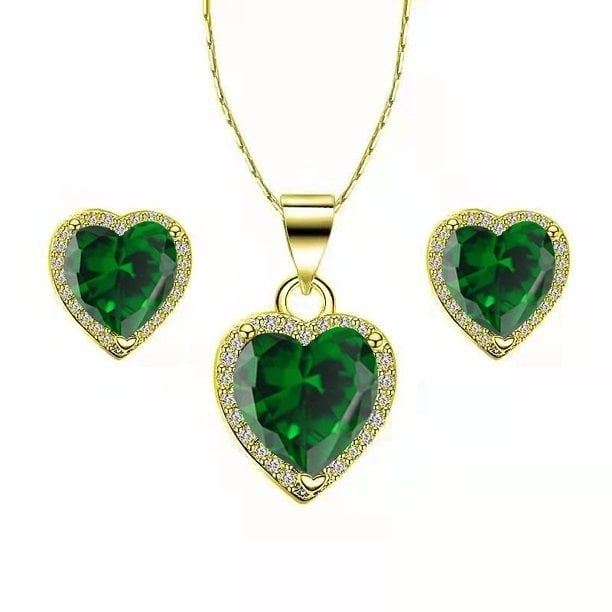 Paris Jewelry 24k Yellow Gold Heart 1-2 Ct Created Emerald CZ Full Set Necklace 18 inch Plated Image 1