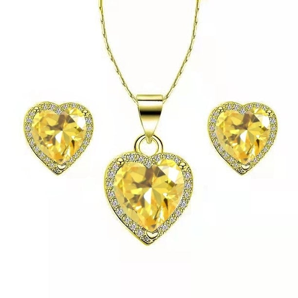 Paris Jewelry 24k Yellow Gold Heart 1 Ct Created Yellow Sapphire CZ Full Set Necklace 18 inch Plated Image 1