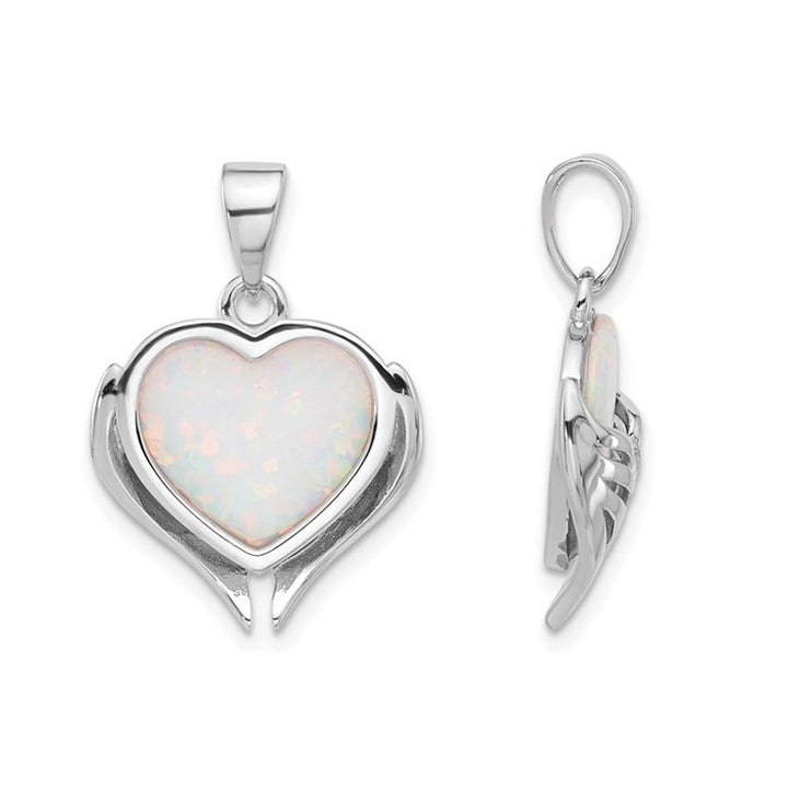 Lab-Created Opal Heart with Wings Pendant Necklace in Sterling Silver with Chain Image 2