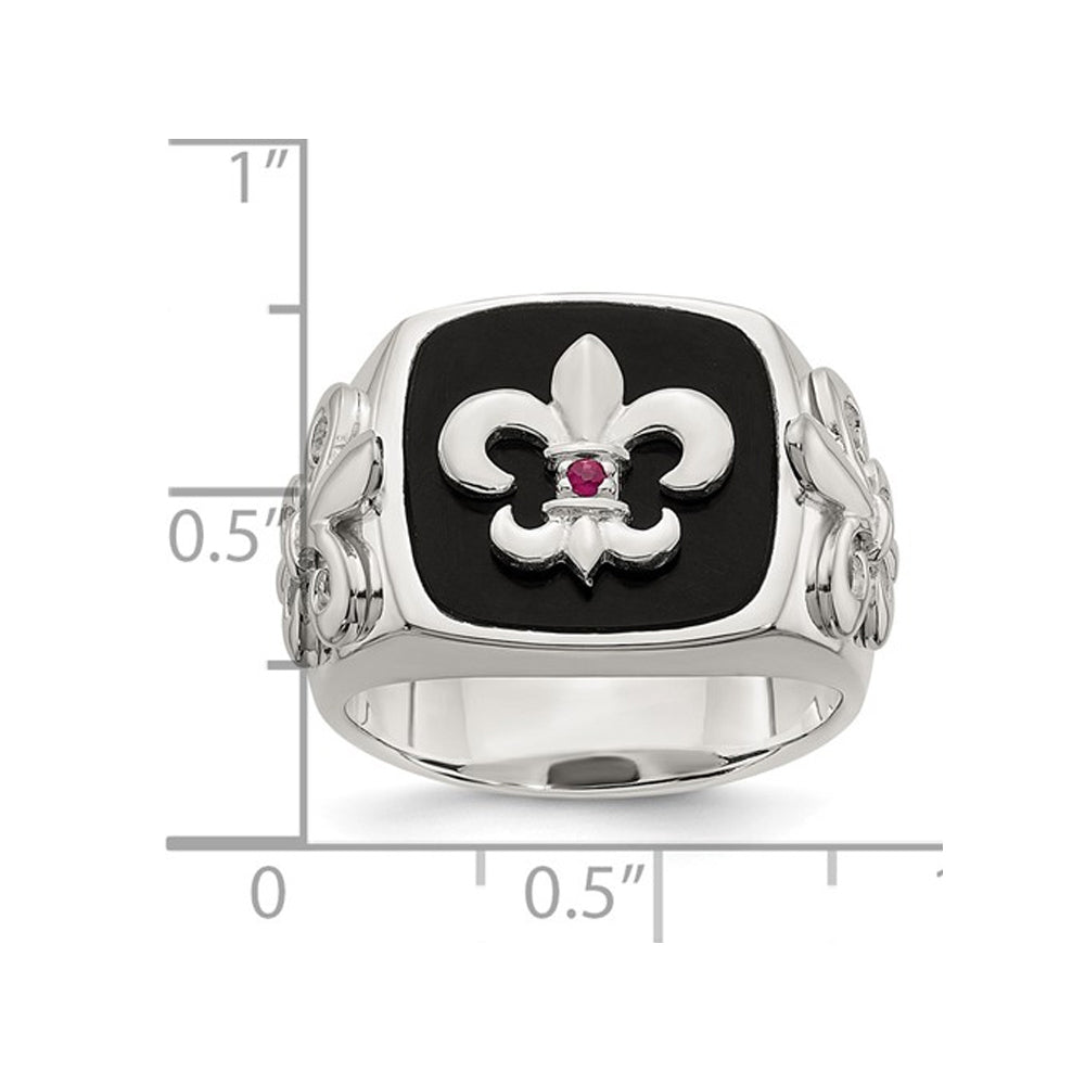 Mens Sterling Silver Fleur-De-Lis Ring with Black Onyx and Ruby Image 3