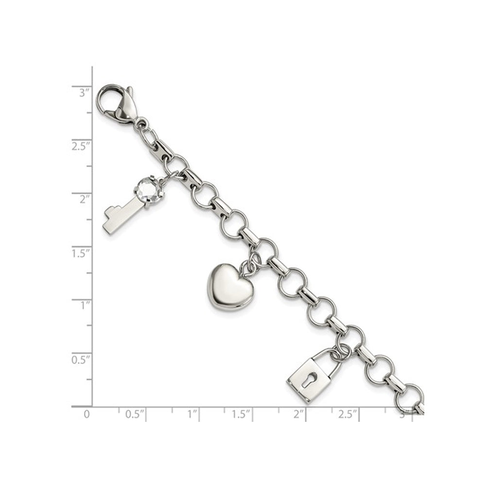 Stainless Steel Heart Lock and Key Charm Bracelet (8.5 Inches) Image 3