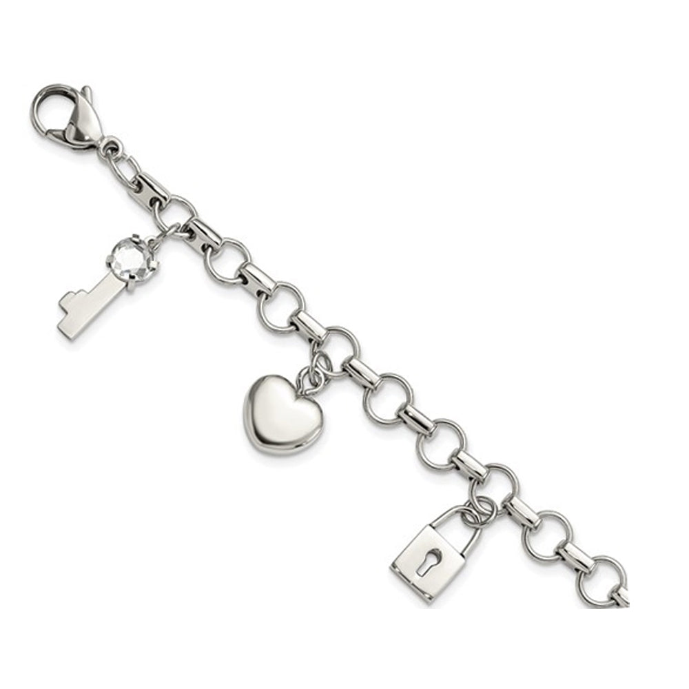 Stainless Steel Heart Lock and Key Charm Bracelet (8.5 Inches) Image 4