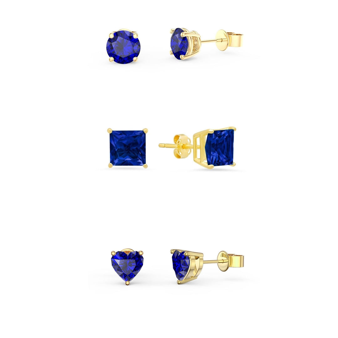 Paris Jewelry 18k Yellow Gold 1-4Cttw 6mm Created Blue Sapphire CZ 3 Pair Round Square and Heart Stud Earrings Plated Image 1