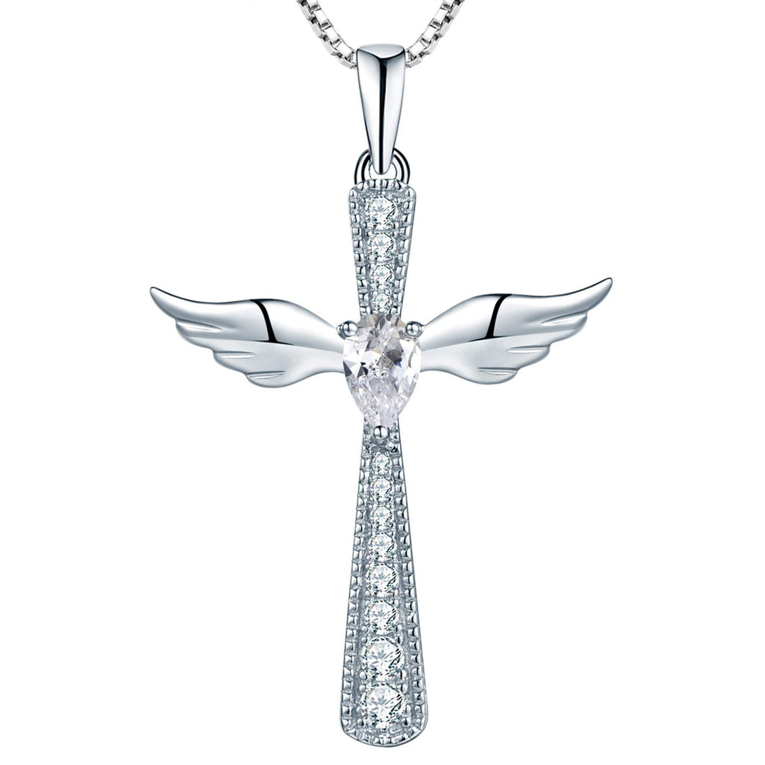 Paris Jewelry 18K White Gold 1-2Ct Created White Sapphire CZ Angel Wing And Cross Necklace Plated Image 1