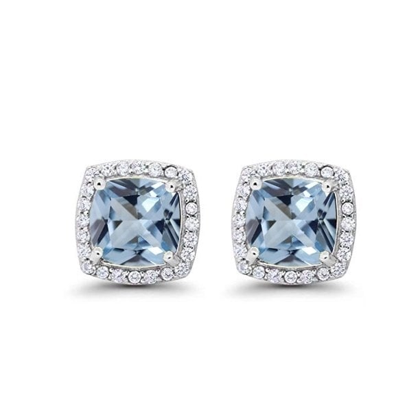 Paris Jewelry 10k White Gold 2 Ct Created Halo Princess Cut Aquamarine CZ Stud Earrings Plated Image 1