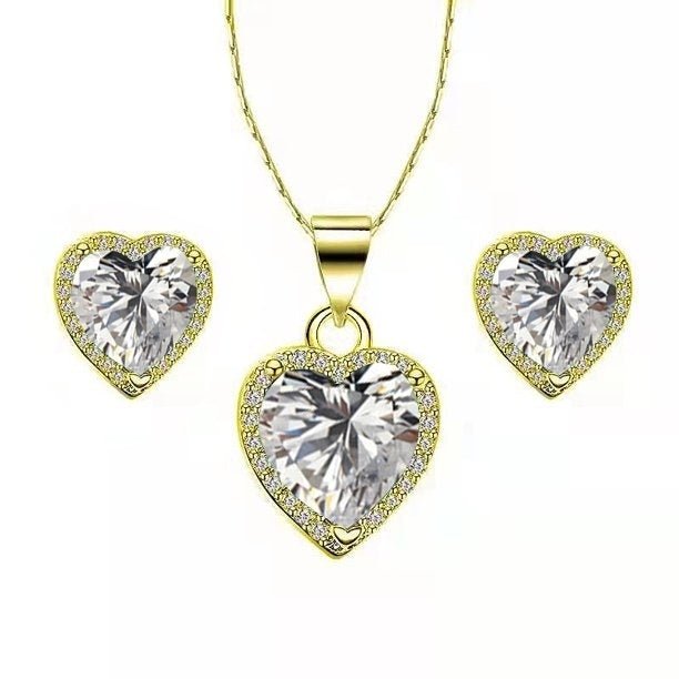 Paris Jewelry 24k Yellow Gold Heart 4 Ct Created White Sapphire CZ Full Set Necklace 18 inch Plated Image 1