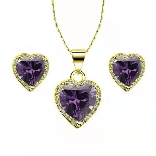 Paris Jewelry 18k Yellow Gold Heart 3 Ct Created Amethyst CZ Full Set Necklace 18 inch Plated Image 1