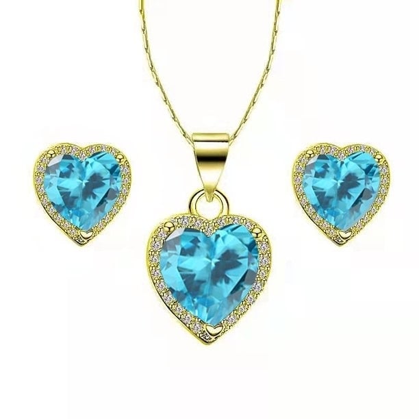 Paris Jewelry 18k Yellow Gold Heart 1-2 Ct Created Blue Topaz CZ Full Set Necklace 18 inch Plated Image 1