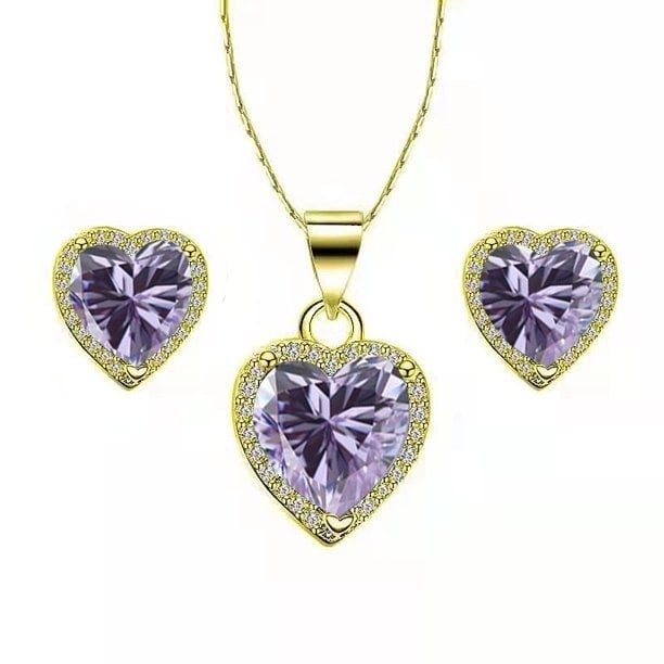 Paris Jewelry 24k Yellow Gold Heart 2 Ct Created Tanzanite CZ Full Set Necklace 18 inch Plated Image 1