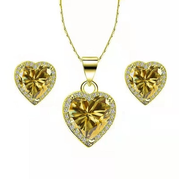 Paris Jewelry 18k Yellow Gold Heart 4 Ct Created Citrine CZ Full Set Necklace 18 inch Plated Image 1