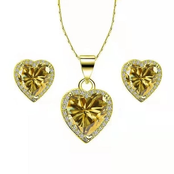 Paris Jewelry 10k Yellow Gold Heart 1-2 Ct Created Citrine CZ Full Set Necklace 18 inch Plated Image 1