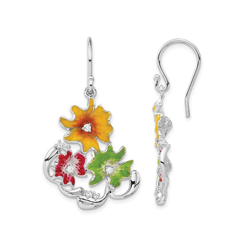 Sterling Silver Red Green and Yellow Enamel Flower Dangle Earrings Image 1