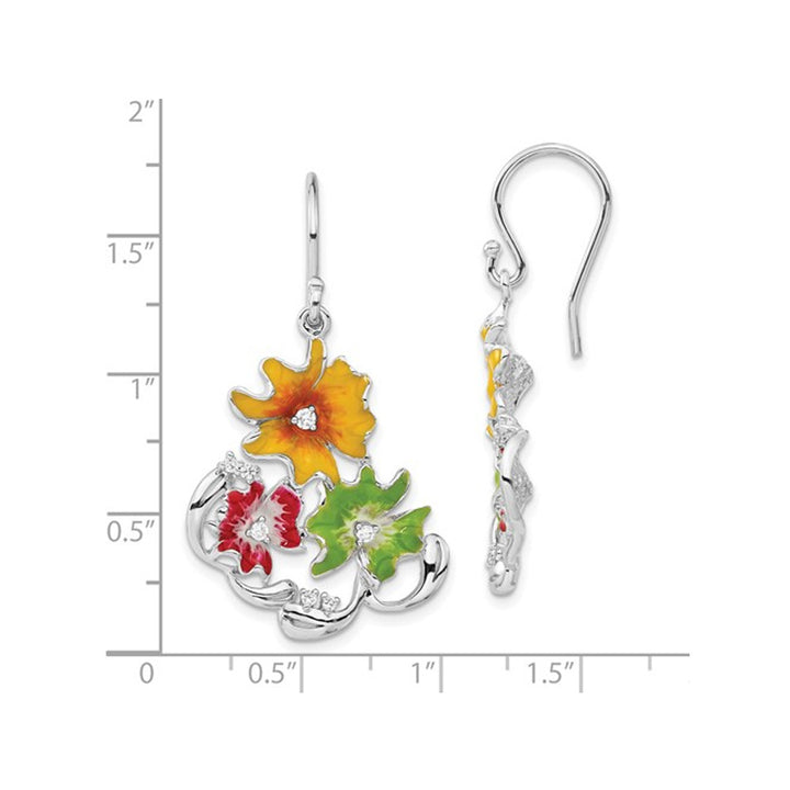 Sterling Silver Red Green and Yellow Enamel Flower Dangle Earrings Image 3