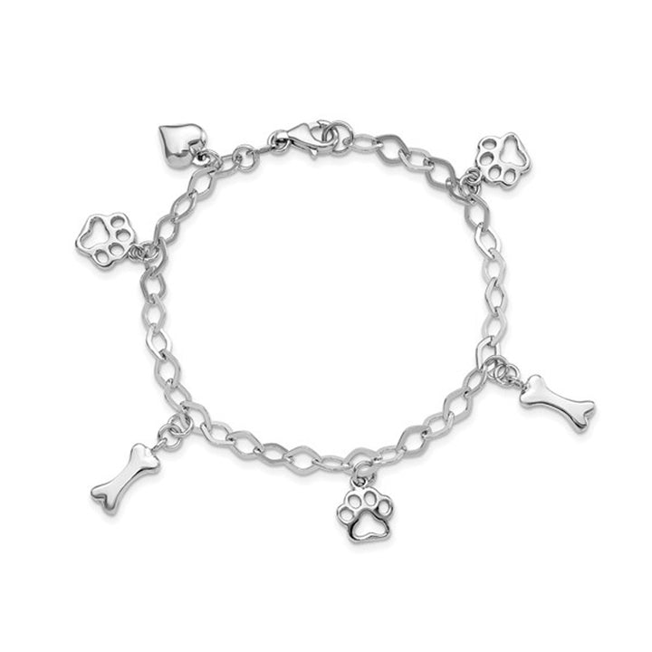 Sterling Silver Dog Bone Paw Charm Bracelet (7.5 Inches) Image 1