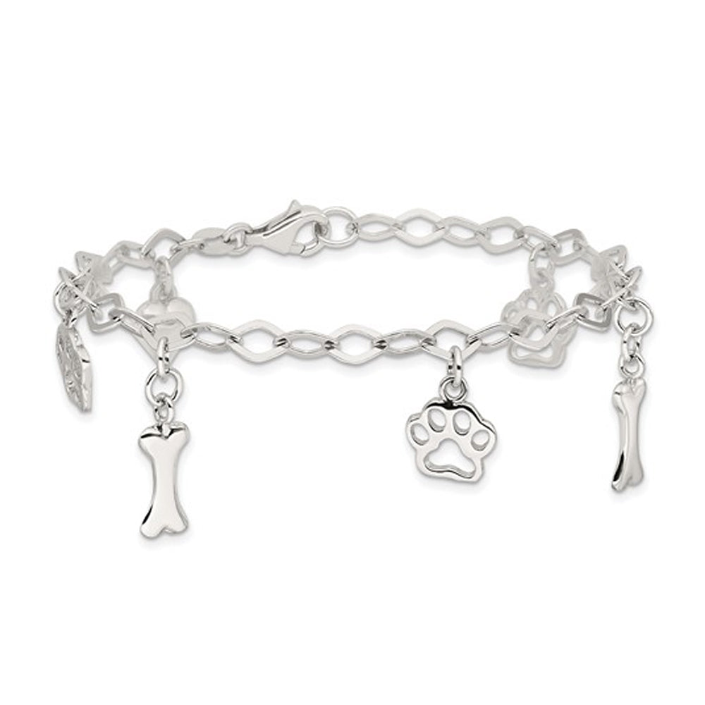 Sterling Silver Dog Bone Paw Charm Bracelet (7.5 Inches) Image 2