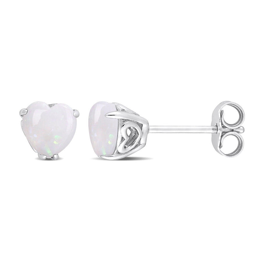 1.00 Carat (ctw) Opal Solitaire Stud Heart Earrings in Sterling Silver Image 1
