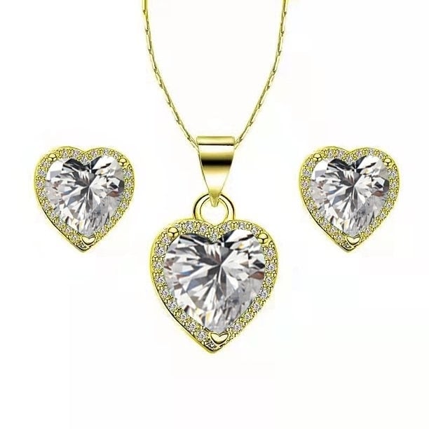 Paris Jewelry 18k Yellow Gold Heart 1-2 Ct Created White Sapphire CZ Full Set Necklace 18 inch Plated Image 1