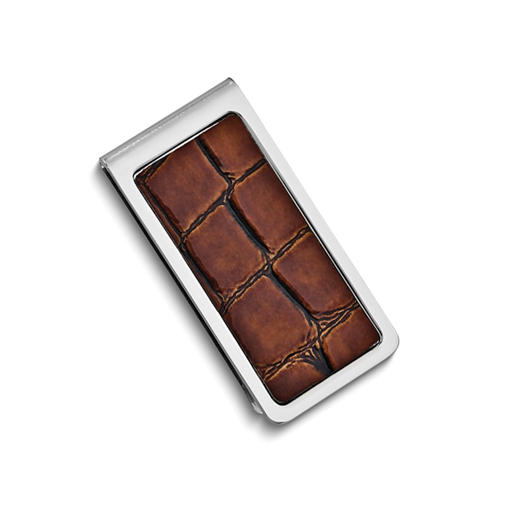 Brown Croco Texture Faux Leather Silver-tone Money Clip Image 1