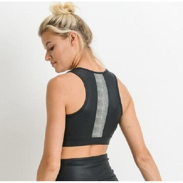 Mono B Foil Print Sports Bra Size: Medium Black and Silver AT6120 Image 2