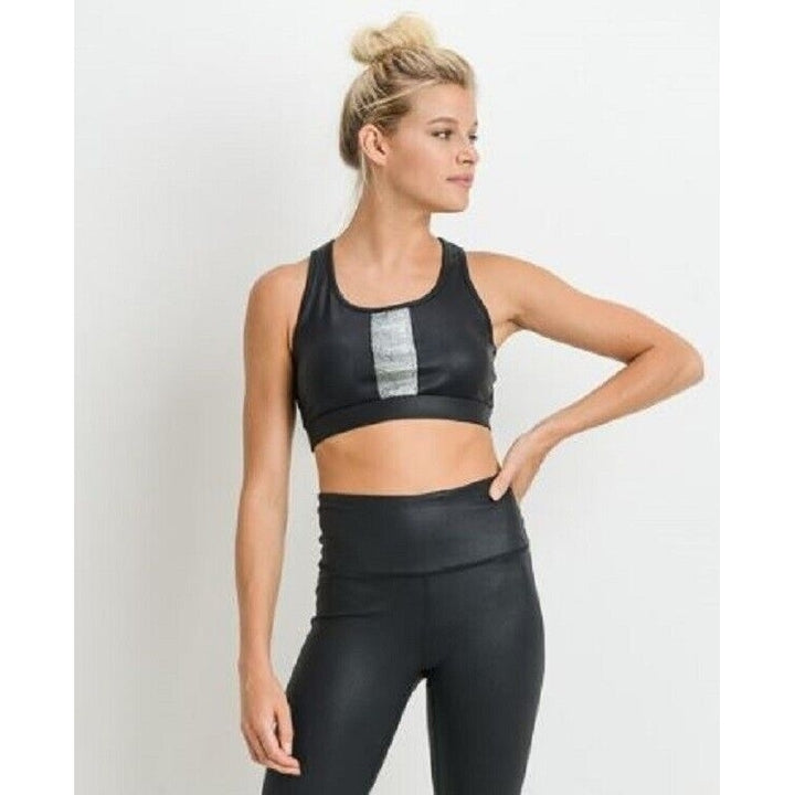 Mono B Foil Print Sports Bra Size: Medium Black and Silver AT6120 Image 3