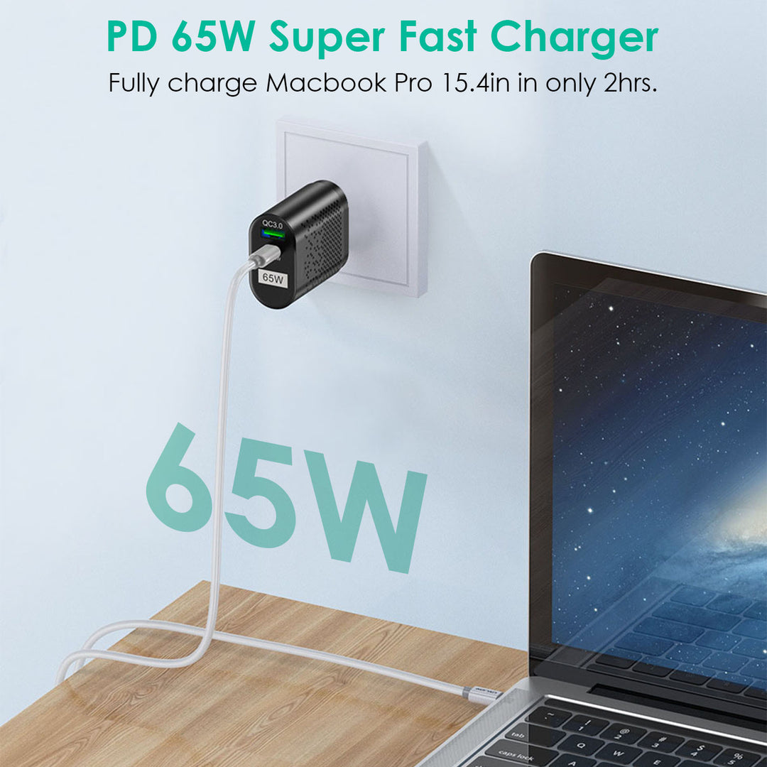 65W Type C Fast Wall Charger Black PD QC3.0 Adapter for Laptop Phone Tablet Image 2