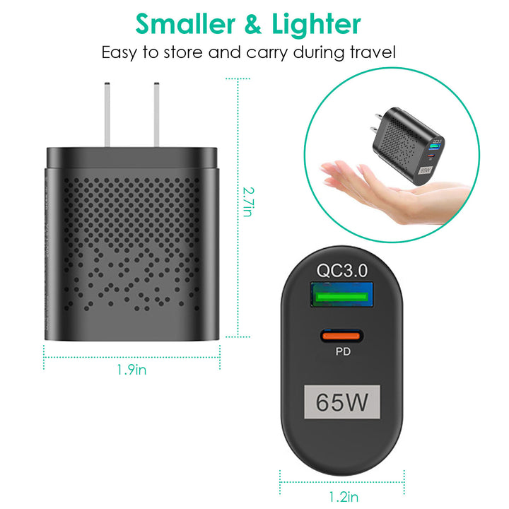 65W Type C Fast Wall Charger Black PD QC3.0 Adapter for Laptop Phone Tablet Image 8