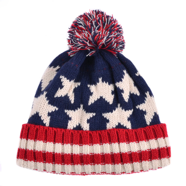 Old School Unisex American Flag Knit Pom Beanie Ski Hats with Stars Red White and Blue Image 1