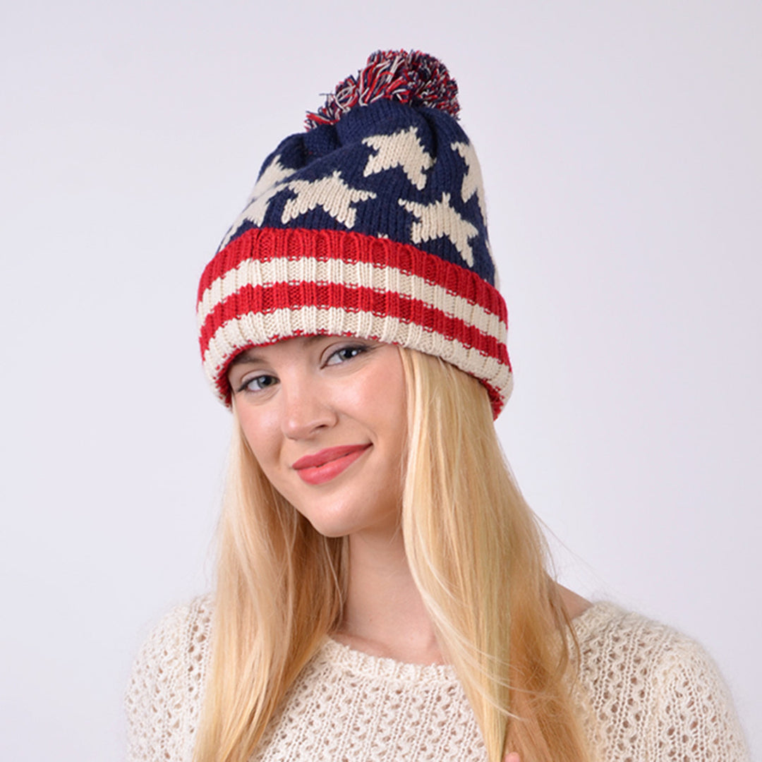 Old School Unisex American Flag Knit Pom Beanie Ski Hats with Stars Red White and Blue Image 2