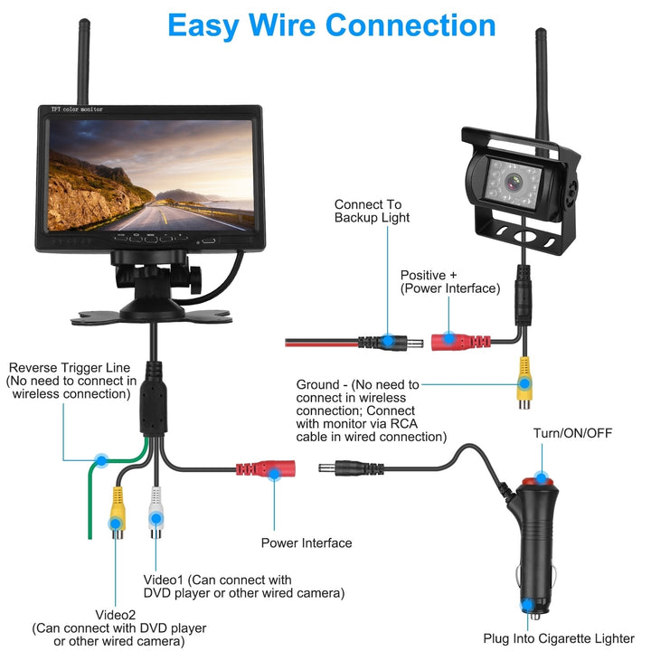 Wireless Backup Camera System 7 Inch Monitor IP67 Waterproof Remote Control Image 6