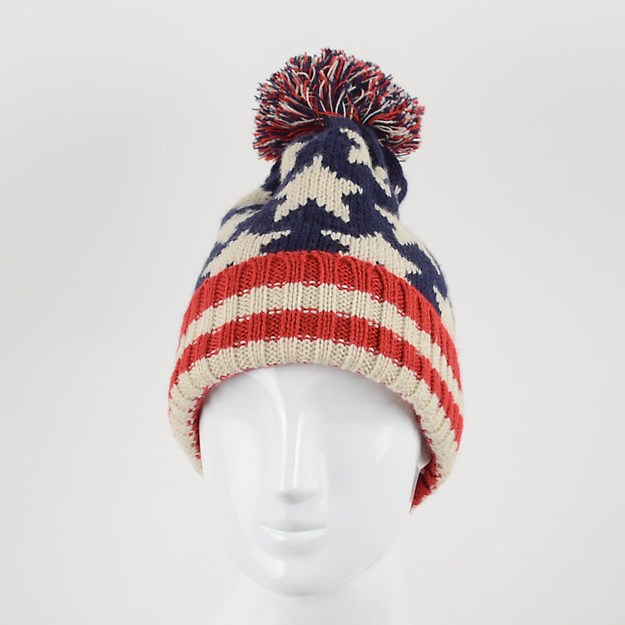 Kids Old School Unisex American Flag Knit Pom Beanie Ski Hats with Stars Red White and Blue Kids Winter Hat Image 1
