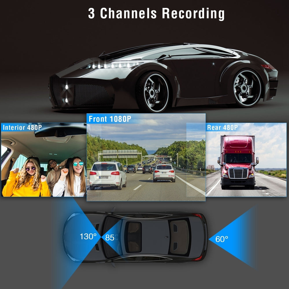 3 Channel Car DVR Dash Cam Video Recorder 1080P Front Inside Rear Camera Image 2
