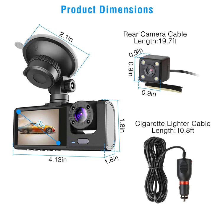 3 Channel Car DVR Dash Cam Video Recorder 1080P Front Inside Rear Camera Image 9