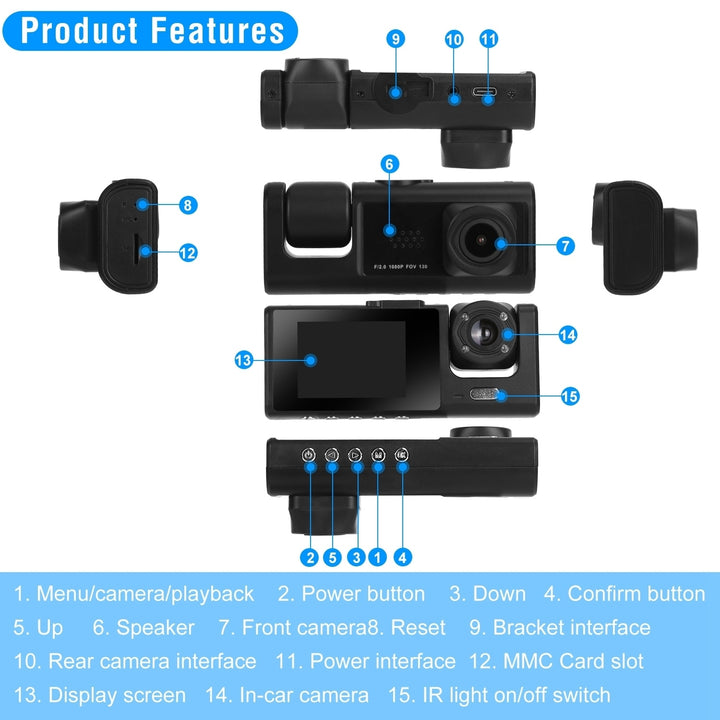 3 Channel Car DVR Dash Cam Video Recorder 1080P Front Inside Rear Camera Image 10