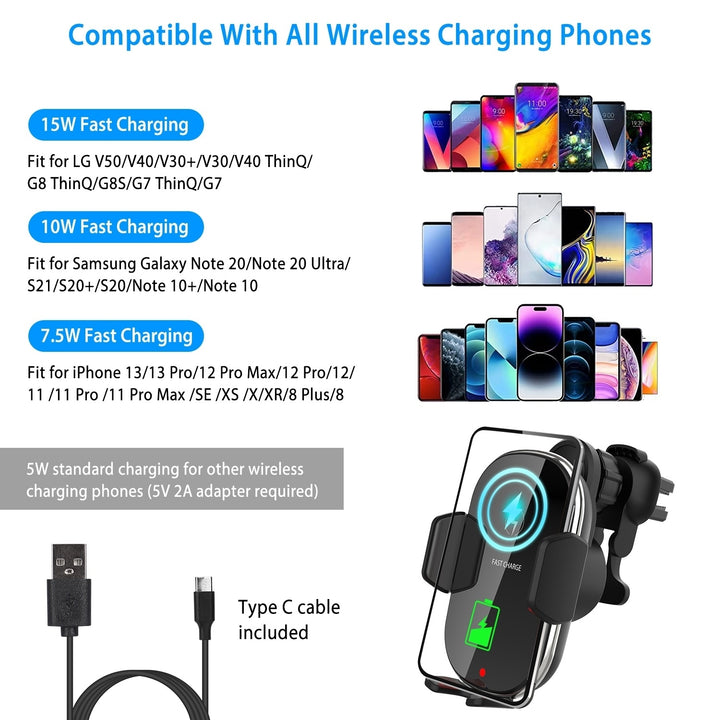 Car Wireless Charger Fast Charge 15W 10W 7.5W Air Vent Phone Mount Holder Black Image 3