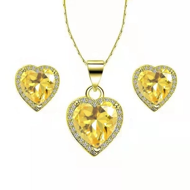 Paris Jewelry 10k Yellow Gold Heart 1-2 Ct Created Yellow Sapphire CZ Full Set Necklace 18 inch Plated Image 1